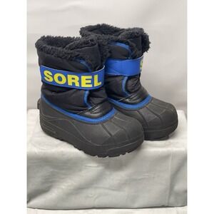 SOREL Kids Snow Boots Size 12 Black Blue Faux Fur Lined Waterproof Winter Boys